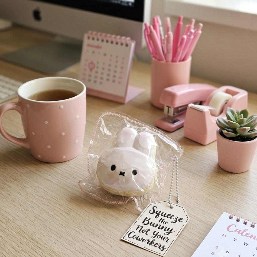 A cute white bunny squishy toy in a clear plastic bag with a hanging tag that reads 'Squeeze the Bunny Let Your Coworkers' on a wooden desk surrounded by pink stationery and a coffee mug.