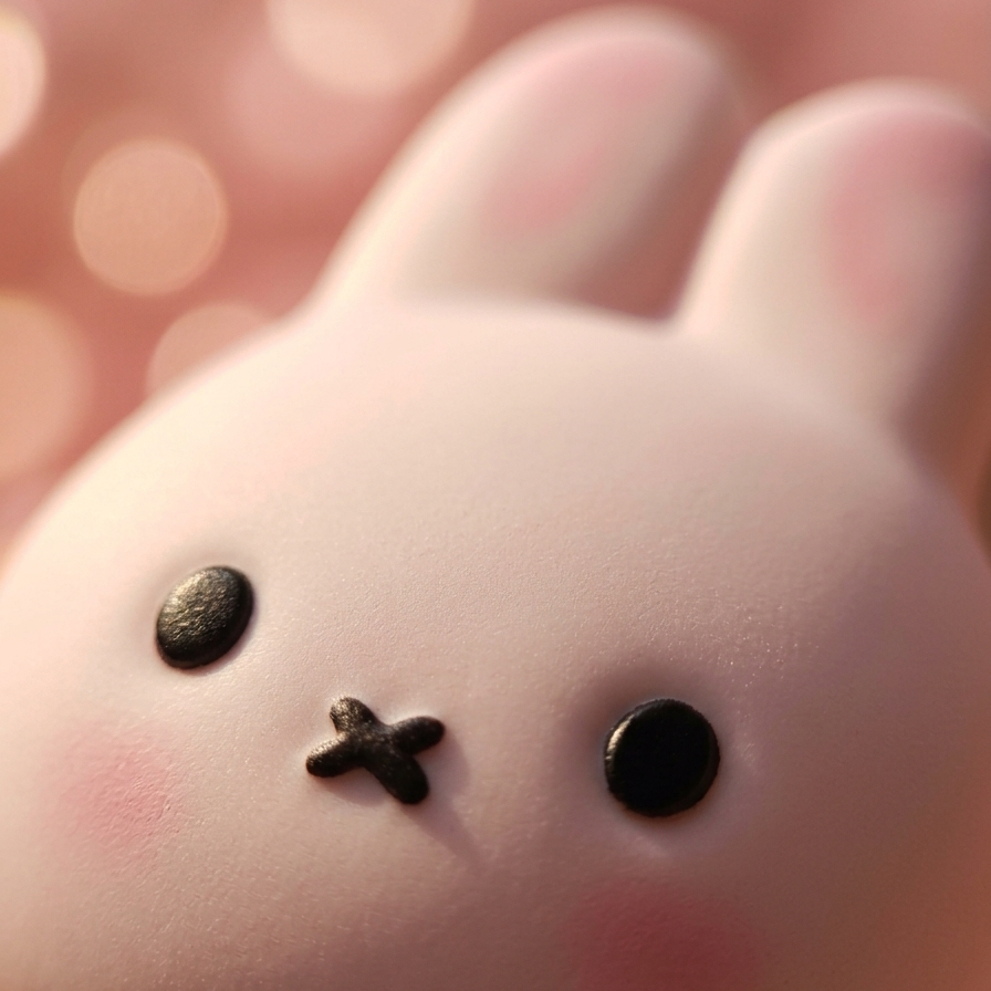 A close-up of a pale pink bunny-shaped object with long ears, black oval eyes, and a small black stitched mouth, set against a soft pink bokeh background.