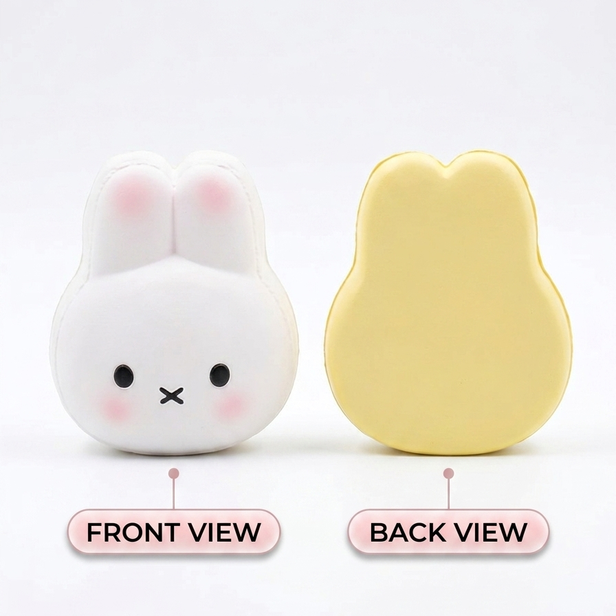 Two bunny-shaped compact cases shown side by side on a white background, labeled FRONT VIEW and BACK VIEW. The left case is white with pink inner-ear accents and a simple black face; the right case is pale yellow.