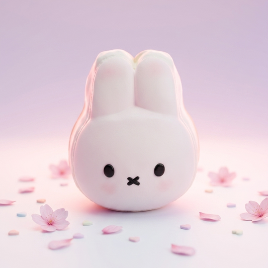 A cute, white bunny-shaped container or box with a minimalist black face, set against a soft pink and purple gradient background with scattered pink flower petals.