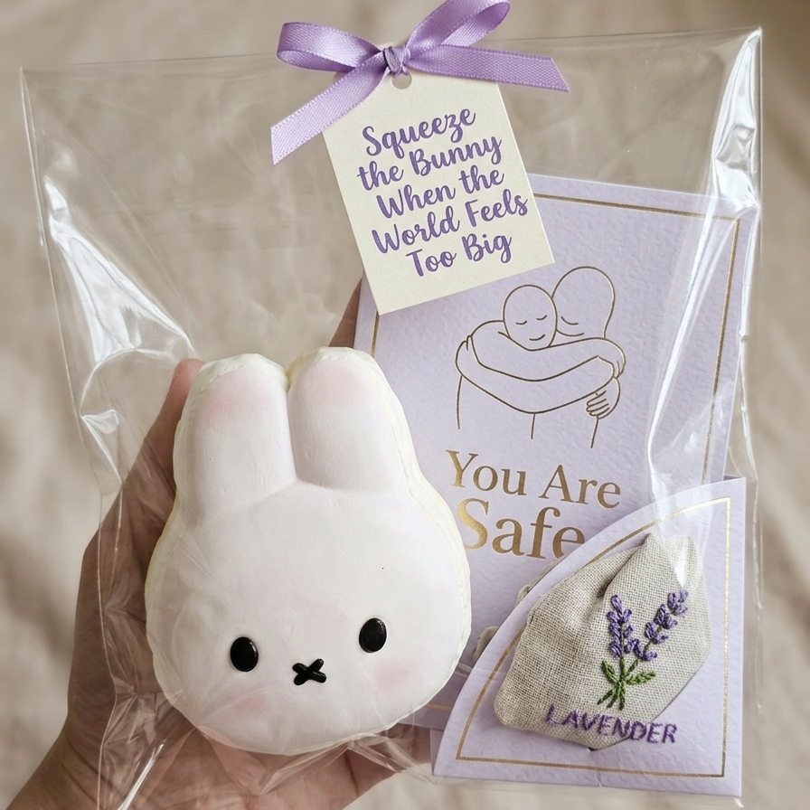 A hand holds a clear gift bag containing a white plush bunny face, a lavender sachet, and a card that reads 'You Are Safe' with a small tag above tied in a purple ribbon. The background is a soft beige fabric.