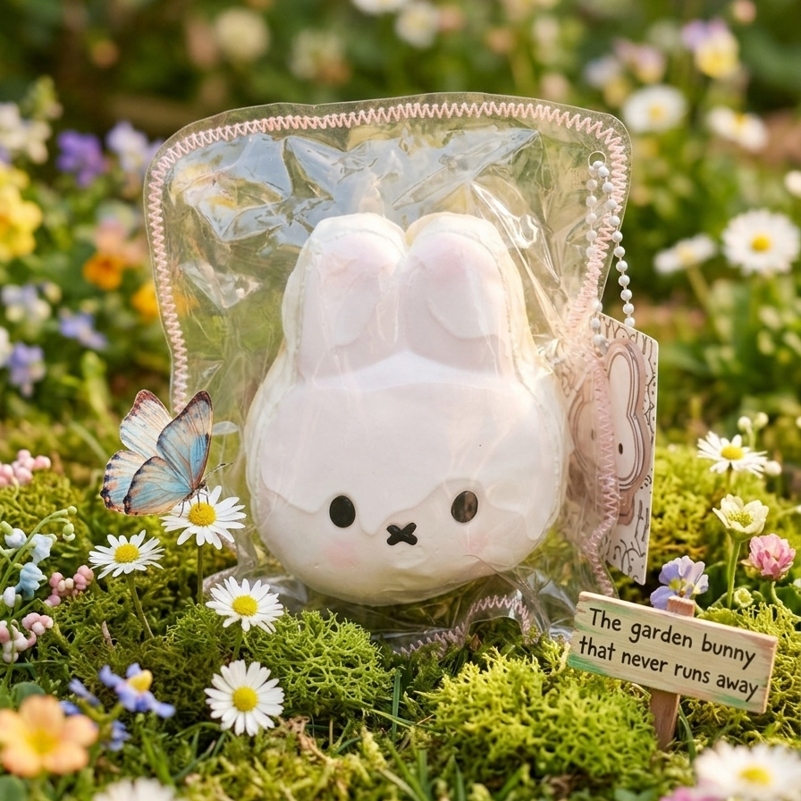 A white bunny-shaped squishy toy inside a clear plastic bag, placed on a bed of green moss and small white and yellow flowers. A butterfly decoration is on the left, and a small tag on the right reads, 'The garden bunny that never runs away.