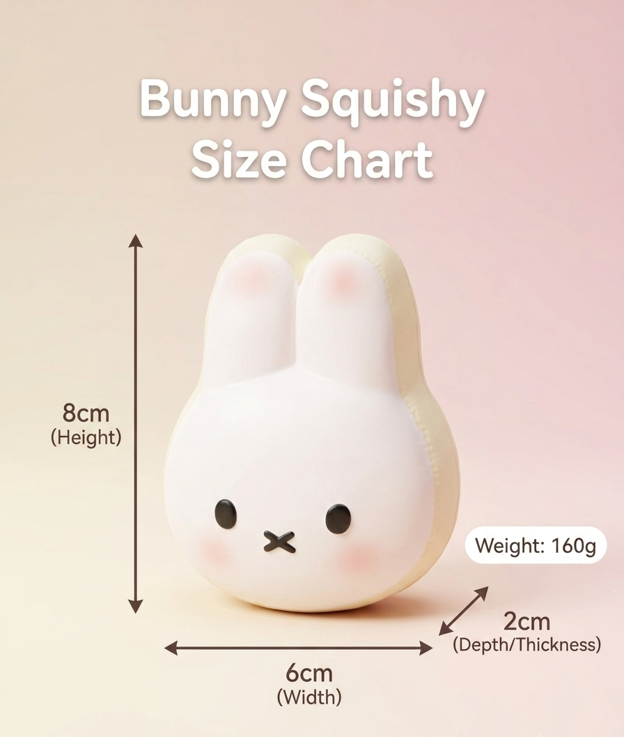 A white bunny-shaped squishy toy with black eyes and a small pink nose, shown with measurement arrows and text reading 'Bunny Squishy Size Chart' on a soft pink gradient background.