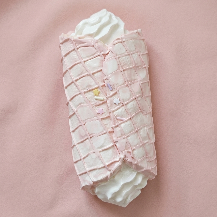 A pink and white waffle-patterned novelty pillow shaped like a rolled-up ice cream cone, filled with white ruffled material, set against a soft pink fabric background.