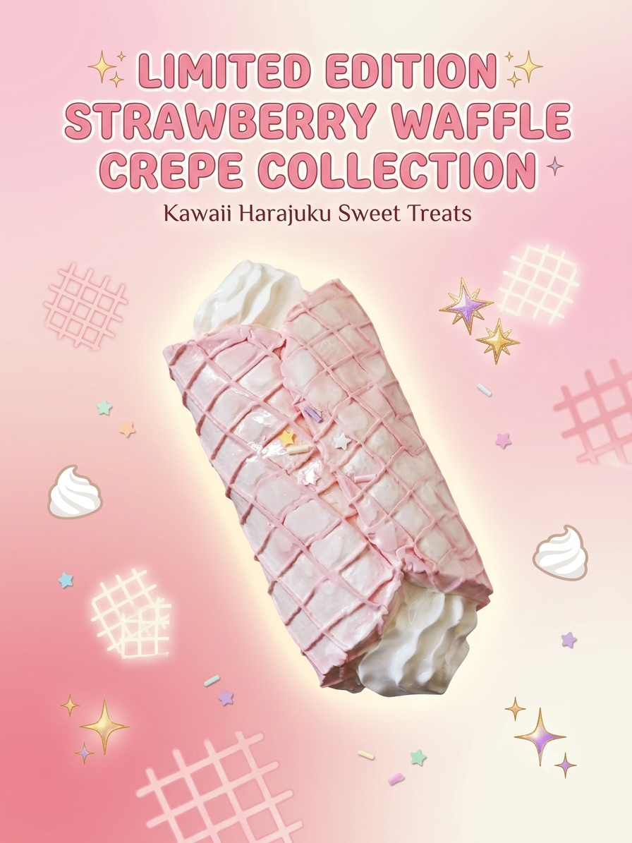 A pink and white strawberry waffle crepe roll shown on a pastel pink background with decorative waffle grids, stars, and cream swirls. Text at the top reads 'LIMITED EDITION STRAWBERRY WAFFLE CREPE COLLECTION' and 'Kawaii Harajuku Sweet Treats'.