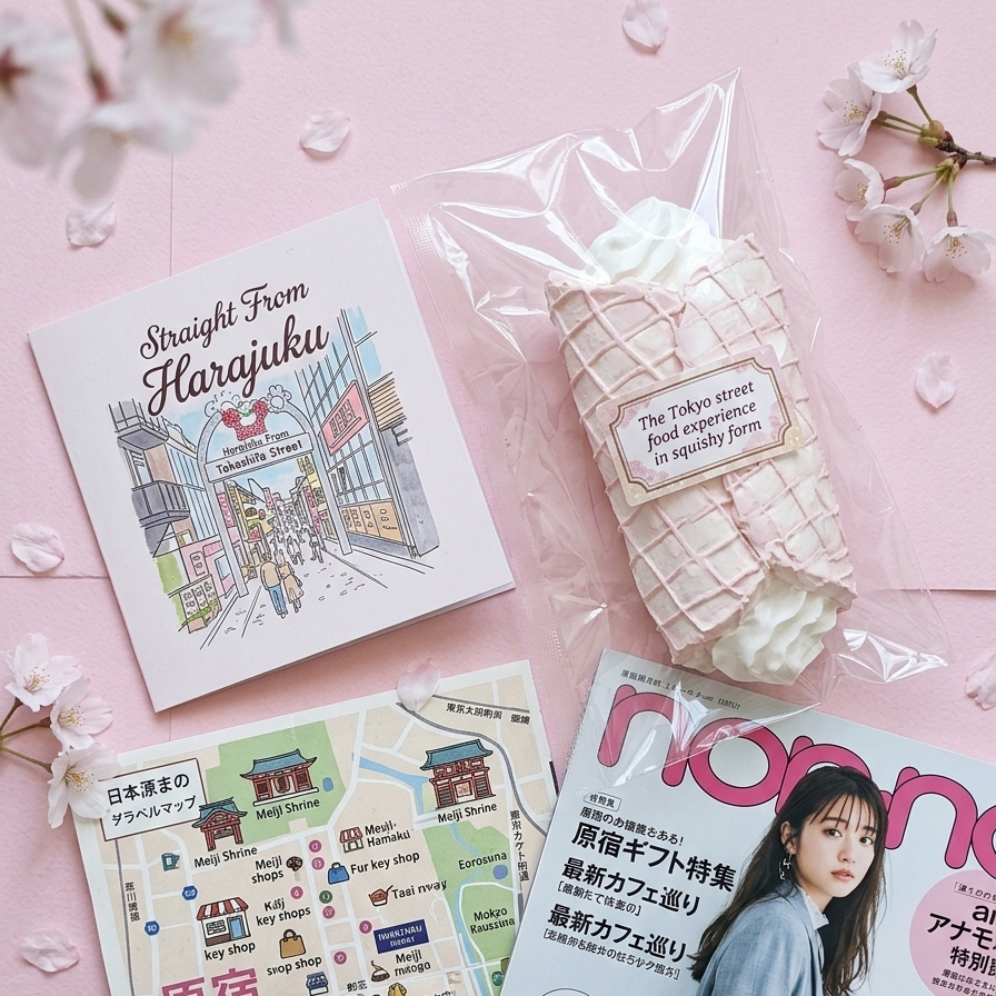 A styled flat-lay of Harajuku-themed souvenirs on a pink background with cherry blossoms. The set includes a white card reading 'Straight From Harajuku' with an illustration, a packaged cream-colored waffle cupcake, a Japanese map, and a magazine.
