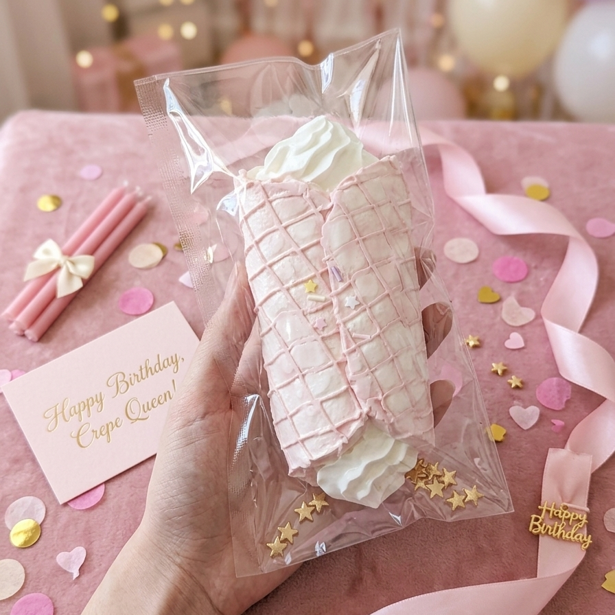 A hand holds a clear plastic bag containing a pink and white crepe roll cake topper, set against a pink birthday-themed background with ribbons, confetti, and a 'Happy Birthday, Crèpe Queen!' card.