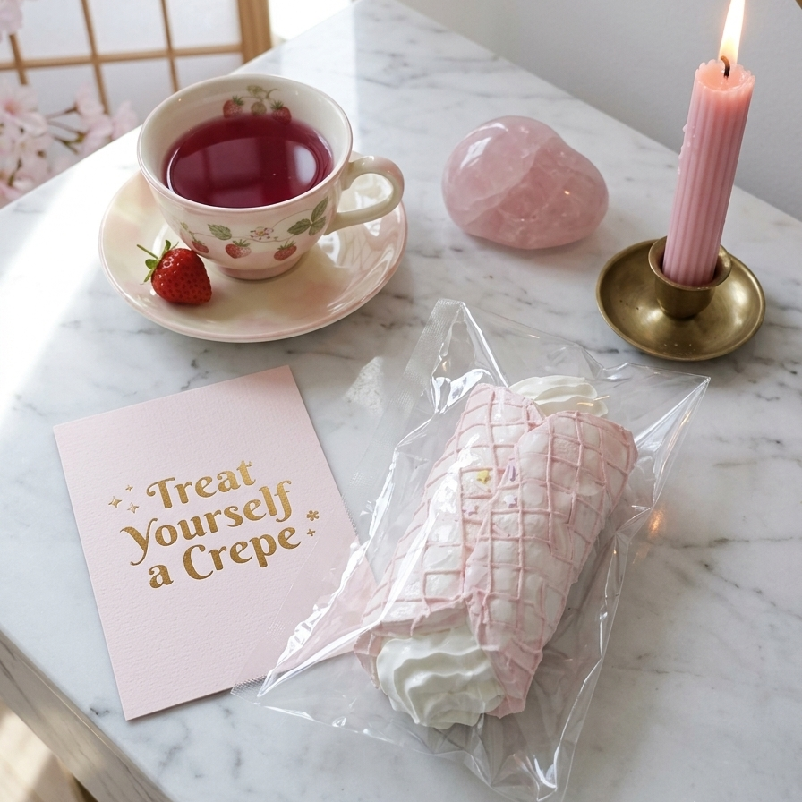 A pink and white crepe roll wrapped in clear plastic sits on a white marble table next to a pink card that reads 'Treat Yourself a Crepe'. The scene is styled with a cup of pink tea, a strawberry, a pink candle, and a pink crystal on a light-colored wooden screen in the background.