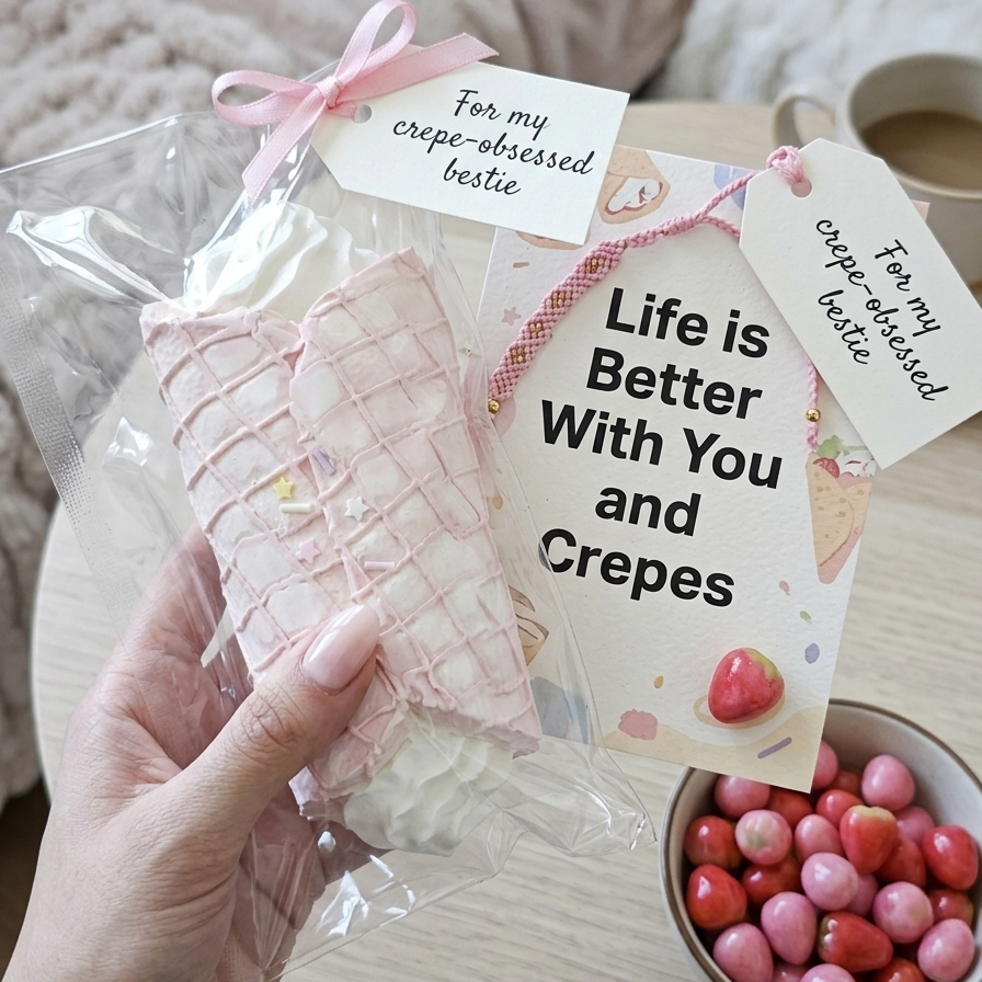A hand holds a packaged crepe-shaped treat with decorative tags in a cozy indoor setting. One tag reads 'For my crepe-obsessed bestie' and another says 'Life is Better With You and Crepes.