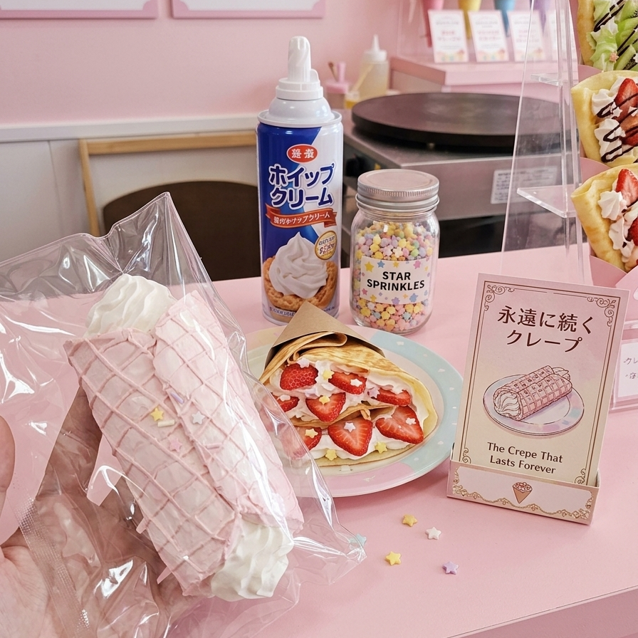 A hand holds a pink and white striped ice cream cone-shaped squishy toy in a clear plastic bag, set on a pink tabletop with pretend-restaurant props including a plate of strawberries and pancakes, whipped cream, sprinkles, and a sign.