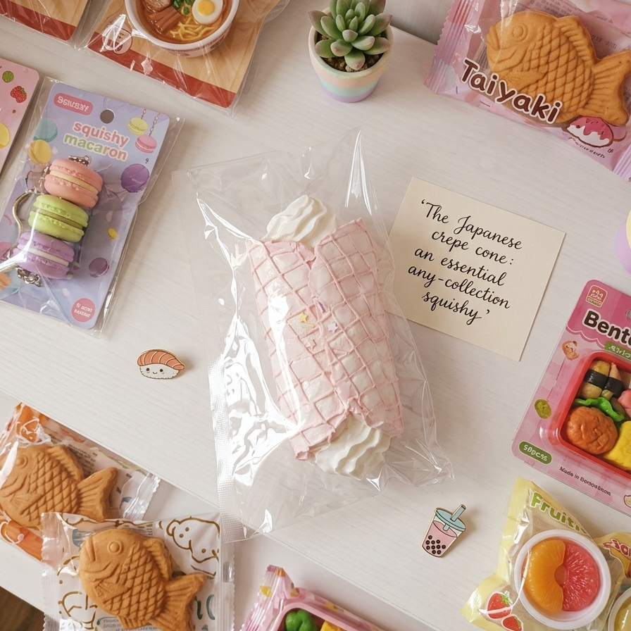 A styled flat-lay of various cute, food-themed stationery and desk accessories on a white tabletop. The collection includes a pink and white checkered takoyaki bag in clear plastic packaging, fish-shaped waffles, macarons, a small succulent, and various food-themed cards and stickers.