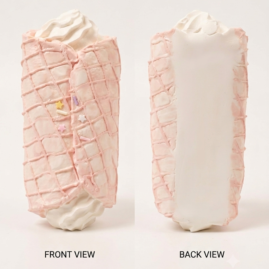 A novelty sculptural object shown from front and back views on a light gray studio background. The object resembles a whipped cream cone with a pink textured outer wrapper and white cream filling, with small pastel decorative accents on the front view.
