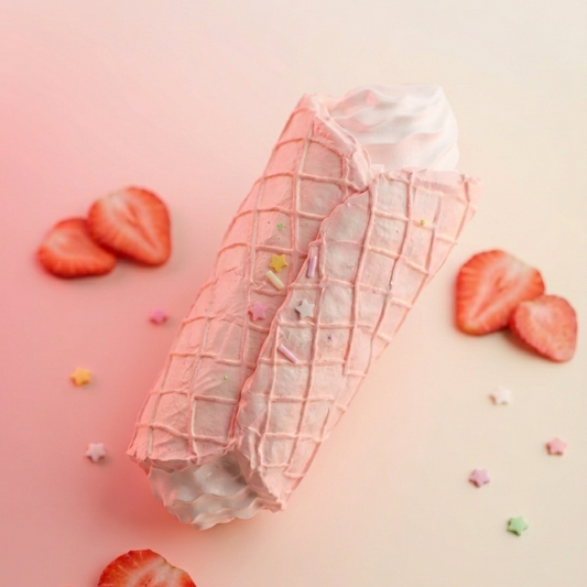 A pink waffle cone filled with white cream and topped with pastel sprinkles, styled on a soft pink background with sliced strawberries and small star confetti.