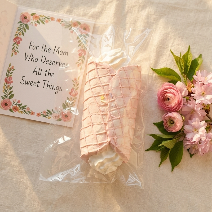 A packaged pink pastry or dessert roll with whipped cream sits on a beige fabric surface beside a floral card that reads 'For the Mom Who Deserves All the Sweet Things' and a small bouquet of pink flowers.