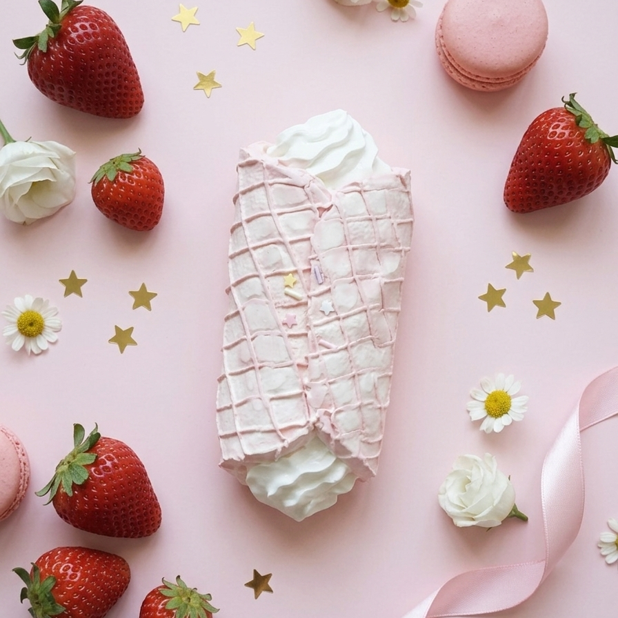 A pink and white patterned pastry or dessert roll with whipped cream, styled on a light pink background with strawberries, white flowers, gold star confetti, a pink macaron, and a pink ribbon.