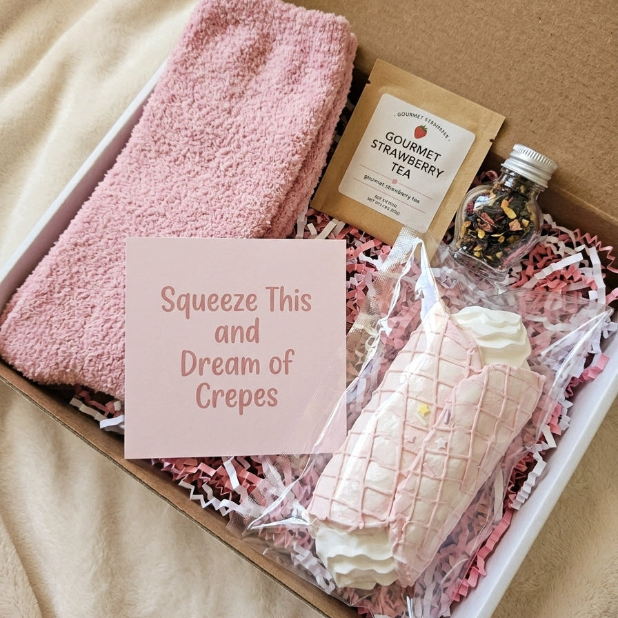 A gift box set containing a pink terry cloth towel, gourmet strawberry tea, a small jar of dried flowers, and a crepe cake wrapped in cellophane, arranged in pink shredded paper inside a brown cardboard box with a card that reads 'Squeeze This and Dream of Crepes'.