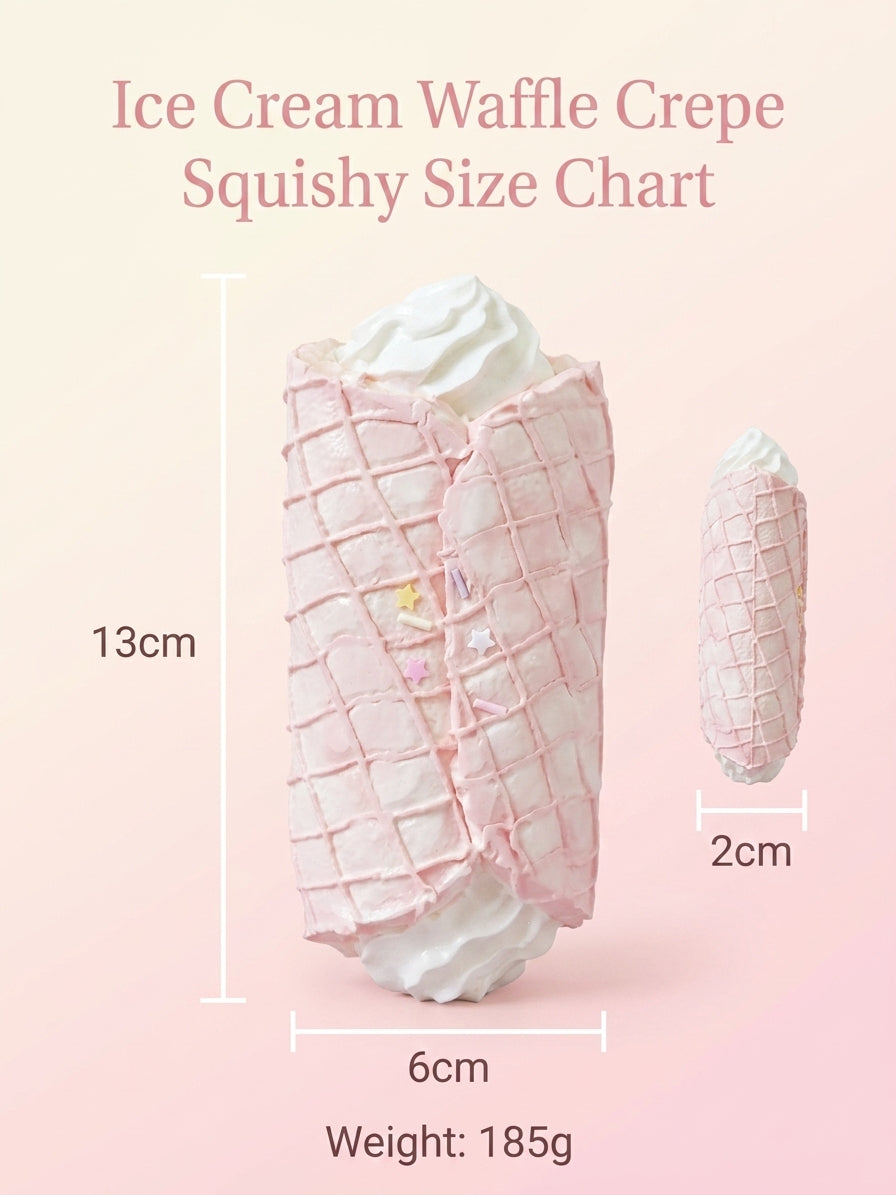A size chart graphic for an Ice Cream Waffle Crepe Squishy, showing a large and small view of the pink and white waffle-cone-shaped squishy with dimensions labeled 13cm, 6cm, 2cm, and weight 185g on a soft pink gradient background.