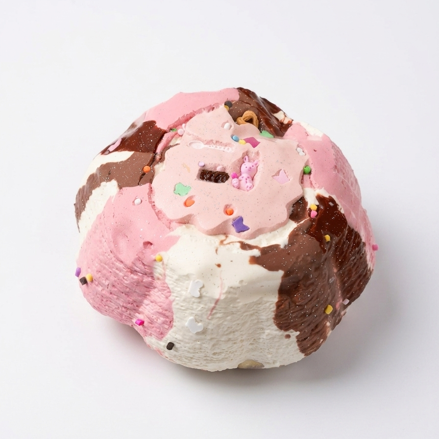 A single scoop of novelty ice cream or melted marshmallow-style dessert with pink, white, and dark brown sections, topped with small multicolored sprinkles, photographed on a clean white background.