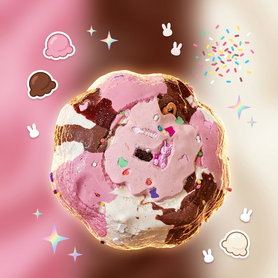A stylized promotional graphic showing a large pink frosted pastry or dessert with chocolate and cream sections, sprinkles, and decorative bunny and star stickers on a pink-to-brown gradient background. Text at the bottom reads 'LIMITED EDITION COLLECTION'.