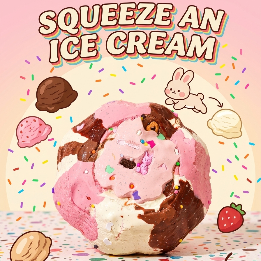 A whimsical pastel graphic with the text 'SQUEEZE AN ICE CREAM' above a large pink-and-white ice cream scoop decorated with chocolate drizzle and sprinkles. The scene includes cartoon bunnies, scattered ice cream scoops, a strawberry, a cherry, and colorful confetti on a pink background.