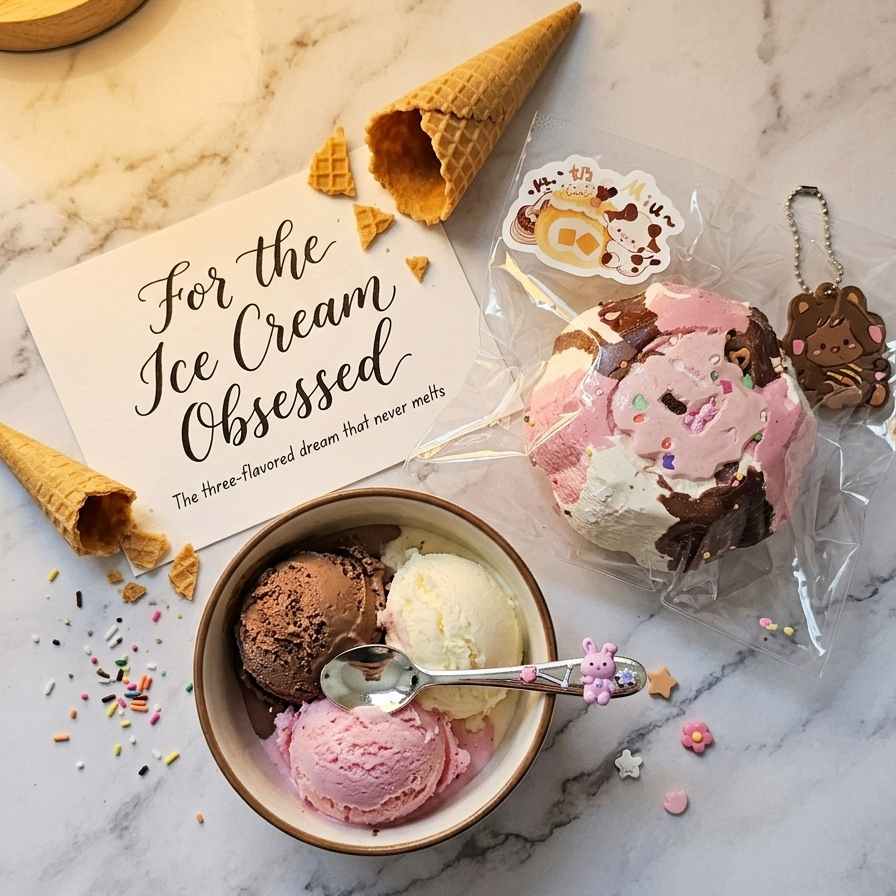 A styled flat-lay of a chocolate-covered ice cream sandwich in clear plastic packaging next to a bowl of three ice cream scoops, with two waffle cones, sprinkles, and a decorative card on a white marble surface.
