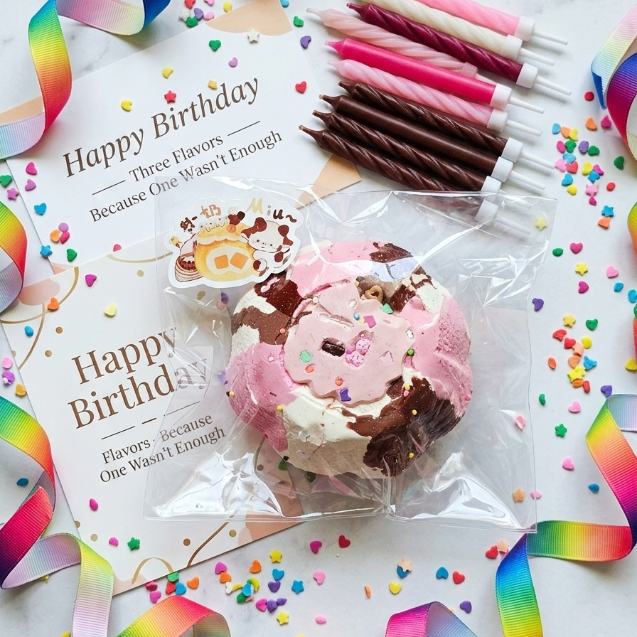 A packaged frosted donut or pastry sits on a white marble surface with colorful confetti, rainbow ribbons, birthday candles, and printed cards reading 'Happy Birthday.' No person or real environment is present, so this is Product/Packaging rather than Lifestyle.