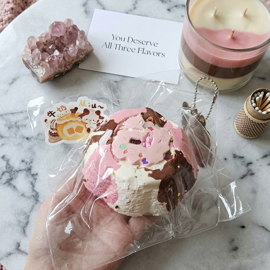 A hand holds a packaged squishy toy shaped like a dessert with pink frosting, cream swirls, and chocolate drizzle, placed on a marble tray with a candle, crystal cluster, and card nearby.