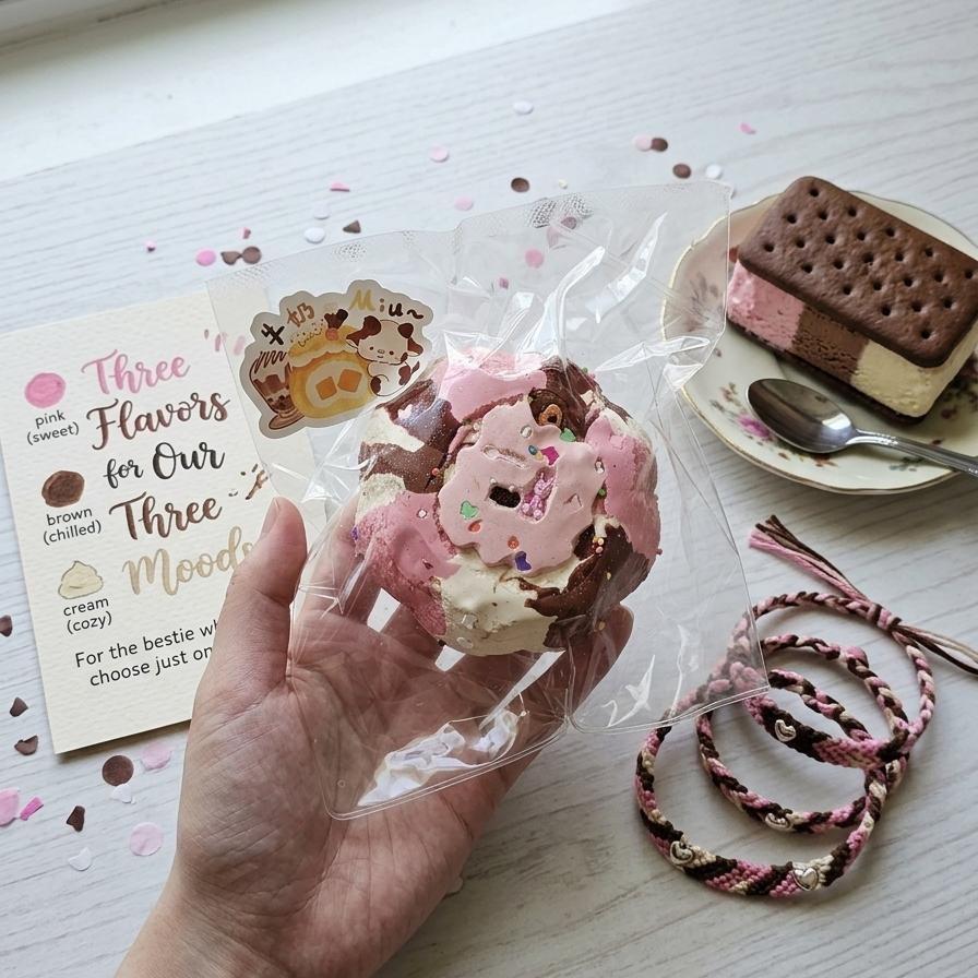 A hand holds a pink and white donut-shaped squishy toy in clear wrapping, with a printed card, a chocolate ice cream sandwich on a plate, and braided accessories arranged on a light wood tabletop near a window.