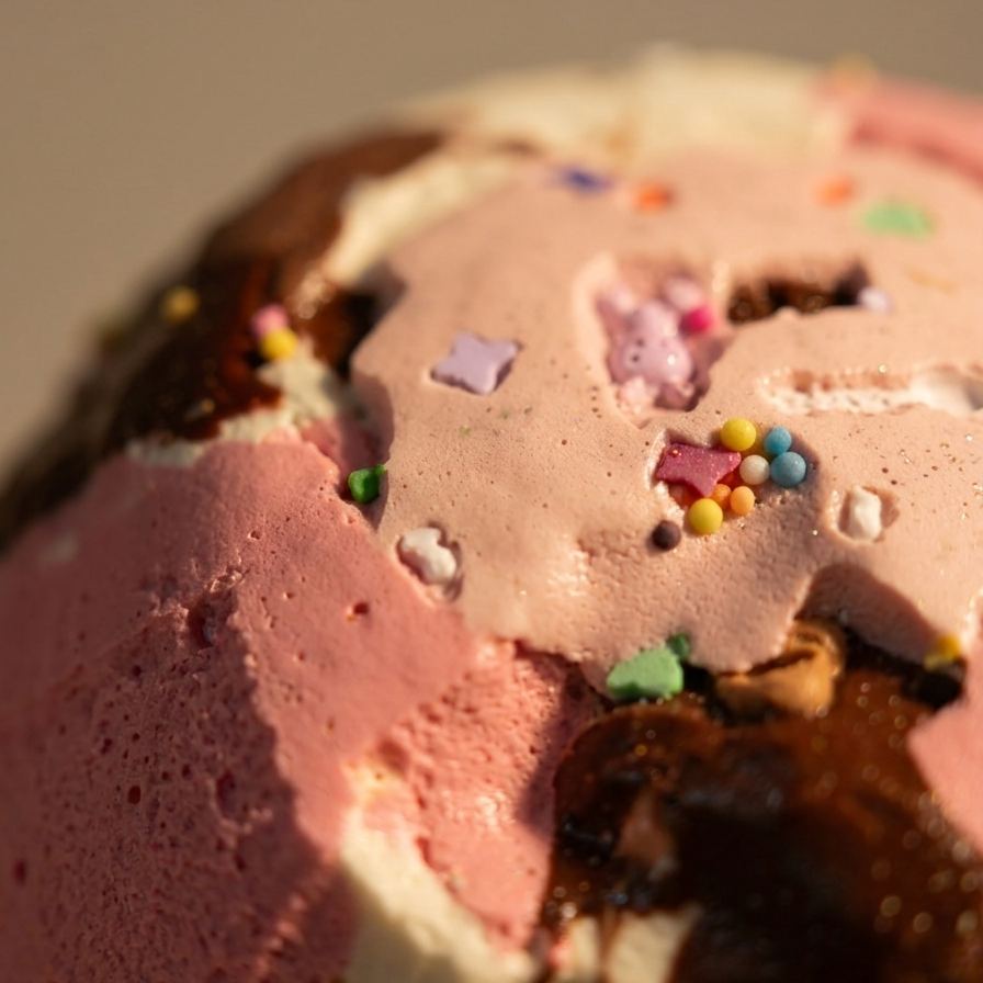 A close-up of a scoop of ice cream with pink, white, and chocolate swirls, topped with colorful sprinkles.