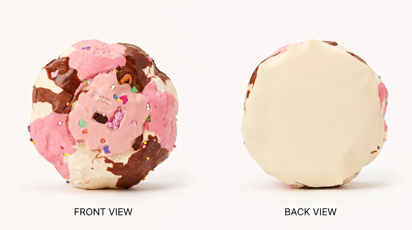 A round, marbled dessert-like product shown from two angles on a white background, labeled FRONT VIEW and BACK VIEW. The front view shows pink, cream, and dark brown marbling with small multicolored sprinkles, while the back view shows a smooth cream-colored surface with some brown marbling visible around the edge.