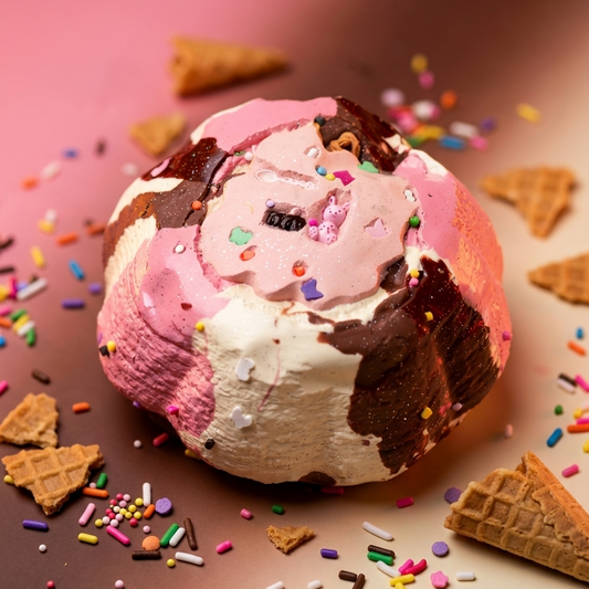 A spherical dessert or ice cream cone-like treat with pink, white, and dark brown swirls, topped with colorful sprinkles and surrounded by waffle cone pieces on a pink gradient background.