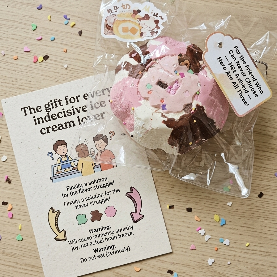 A packaged squishy toy shaped like an ice cream sundae sits on a light wood surface with a printed card beside it. The product is wrapped in clear plastic with a small tag, and the card reads, 'The gift for every indecisive ice cream lover.
