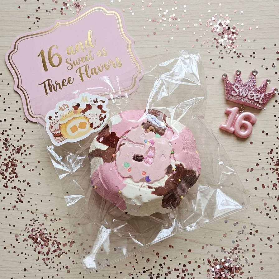 A pink and brown frosted donut-shaped squishy toy in clear plastic packaging, displayed on a light wood surface with pink glitter confetti. A pink tag reads '16 and Sweet as Three Flavors,' and a small pink crown-shaped 'Sweet 16' decoration sits nearby.