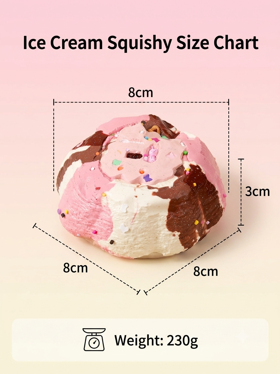 An infographic showing a pink, white, and brown ice cream squishy toy with sprinkles, labeled with dimensions (8cm x 8cm x 3cm) and a weight of 230g on a soft pink-to-beige gradient background.