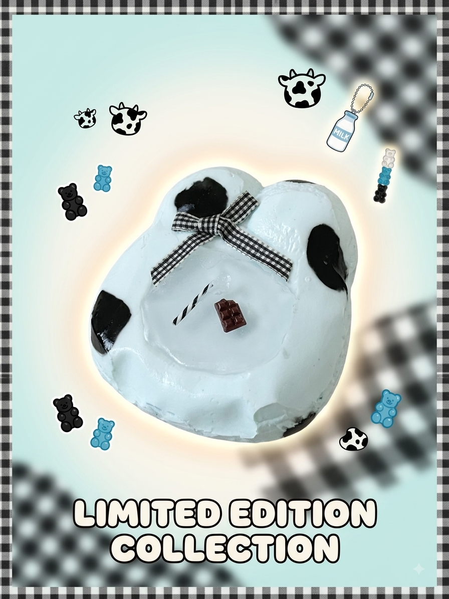 A white cow-themed squishy toy with black spots and a black-and-white checkered bow, surrounded by small cow, bear, and gummy illustrations on a pale blue background with the text 'LIMITED EDITION COLLECTION' at the bottom.
