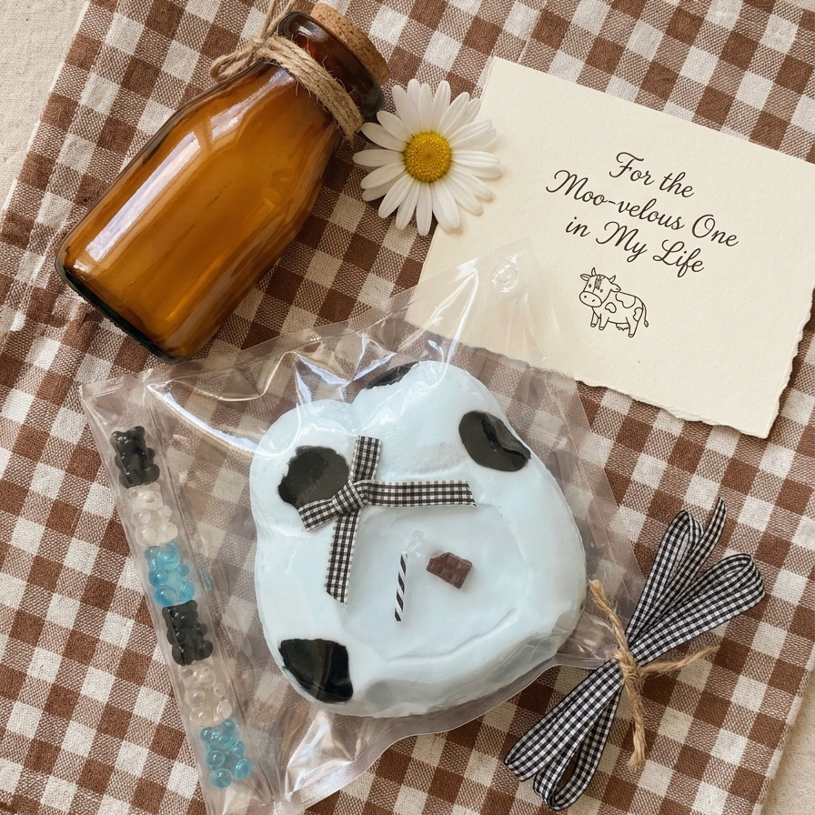 A packaged handmade soap or clay ornament shaped like a cow, shown in a styled flat-lay with an amber glass bottle, a daisy flower, a handwritten note, and a ribbon on a brown-and-white checkered cloth.