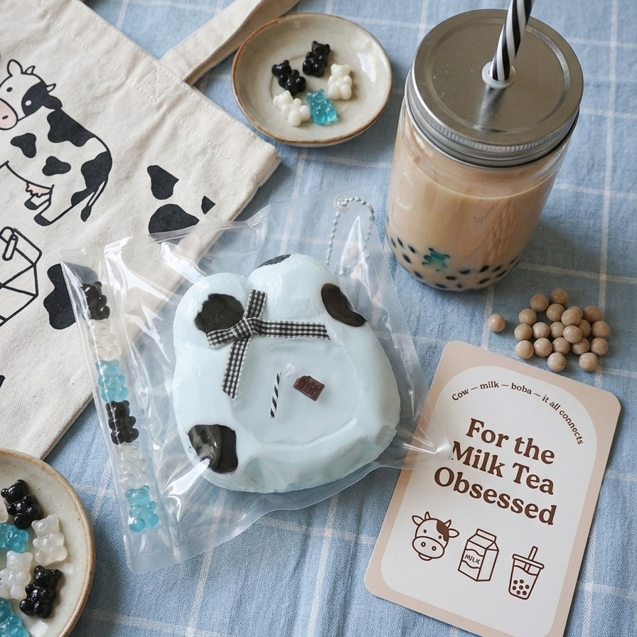 A styled flat-lay featuring a light blue and black cow-print squishy toy in a clear bag, alongside a cream canvas tote bag with black cow illustrations, a glass jar of milk tea with a striped straw, small bowls of candy and beans, and a card that reads 'For the Milk Tea Obsessed' on a blue-and-white checkered fabric background.