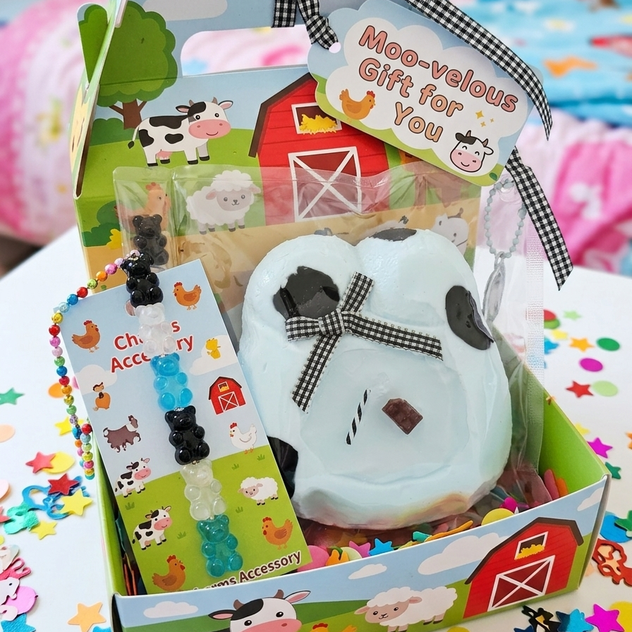 A farm-themed gift set in a decorated cardboard box, featuring a white plush sheep with black spots and a black-and-white checkered bow, a card of cow charm accessories, and a tag reading 'Moo-velous Gift for You'.