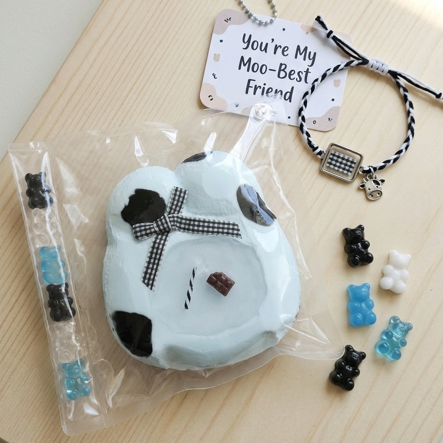 A cute cow-themed squishy toy gift set on a light wood background, featuring a white cow-shaped squishy with black spots, a black-and-white checkered bow, a silver ball chain, a small card reading 'You're My Moo-Best Friend', a beaded bracelet, and assorted gummy bears.