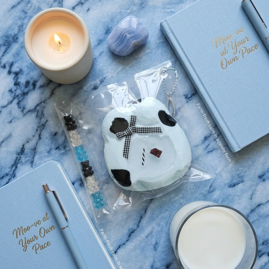 A styled flat-lay featuring a white cow-print silicone pouch in clear packaging, surrounded by light blue notebooks with gold foil text, a lit candle, a glass of milk, and a beaded bracelet on a blue marble surface.