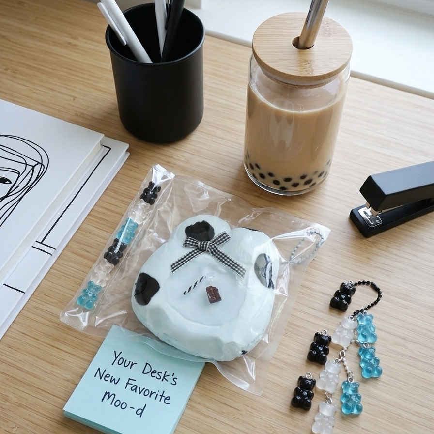 A cute white plush character keychain with a black bow and face details, packaged in a clear plastic bag and placed on a wooden desk next to a light blue sticky note that reads 'Your Desk's New Favorite Meo-d'. The desk also features a black cup with pens, a glass jar of boba tea, and a black stapler.