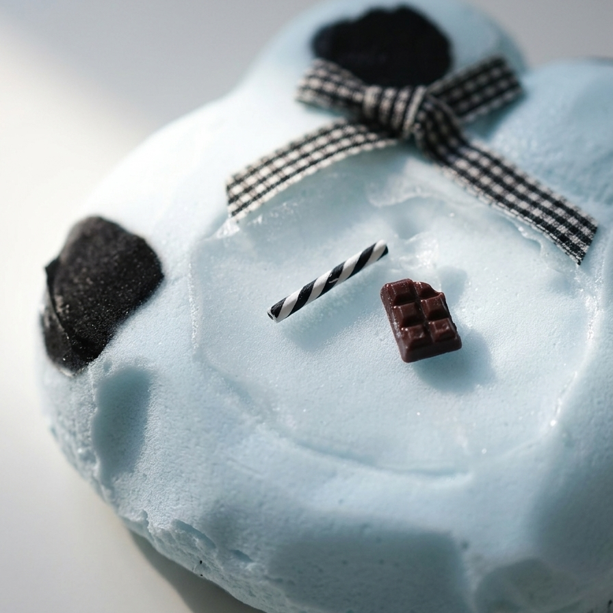 A heart-shaped snowman decoration or cake topper with a light blue frosted body, black eyes and nose, a black-and-white gingham ribbon bow, and small decorative accents on a white background.