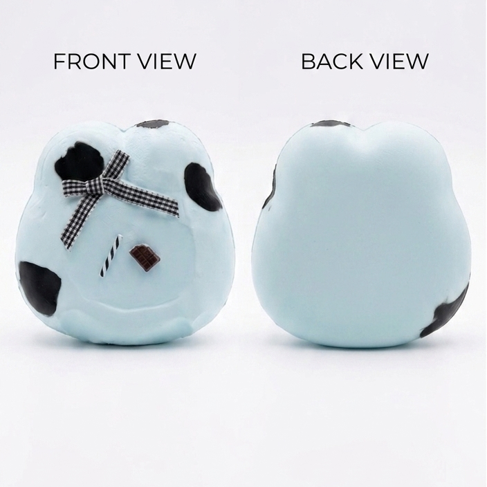 A light blue plush or soft toy shown from two angles on a white background, labeled FRONT VIEW and BACK VIEW. The front view shows black patches and a small black-and-white checkered bow, while the back view shows the plain light blue side.