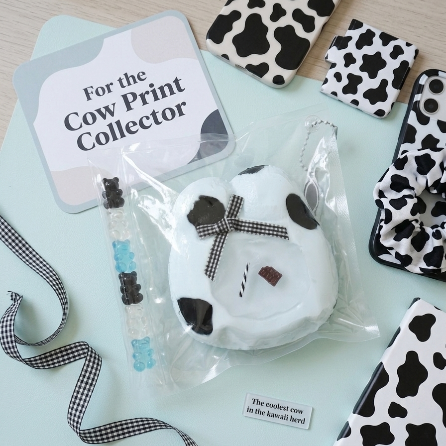 A styled flat-lay of a 'Cow Print Collector' gift set on a light mint green background. The set includes a white plush cow toy in a clear bag with a black-and-white checkered bow, a clear beaded bracelet, a small notebook, a pen, and several cow-print accessories, all arranged on a light wood surface.