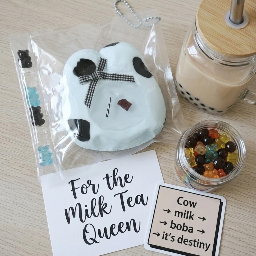 A milk tea themed squishy keychain featuring a cow print design, shown in its clear plastic packaging alongside a card that reads 'For the Milk Tea Queen', a small jar of boba candies, and a milk tea glass on a light wood background.