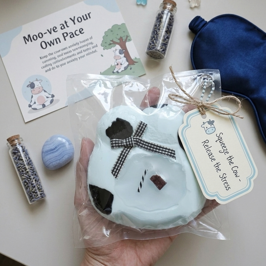 A hand holds a packaged plush toy shaped like a cow in pale blue, with a black-and-white checkered bow, small embroidered details, and a hanging tag reading 'Savage the Cow.