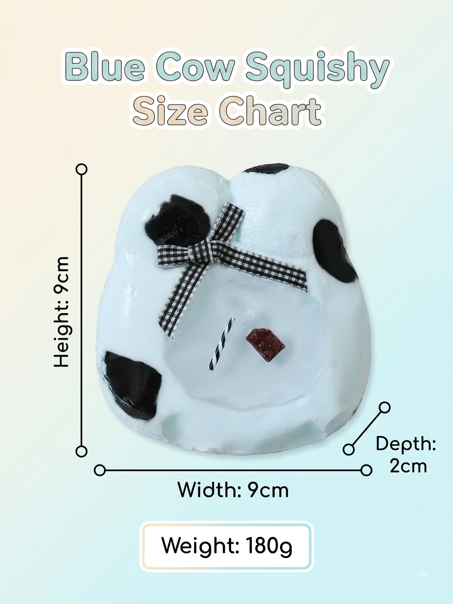 A size chart graphic for a blue cow squishy, showing a white cow-shaped squishy with black spots and a black-and-white checkered bow. The graphic includes dimension lines and text indicating height, width, depth, and weight of 180g.