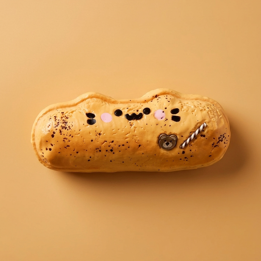 A novelty bread roll styled like a cute cartoon character, decorated with black sprinkles, pink heart-shaped cheeks, a small bear face, and a striped candy cane, set against a solid warm beige background.