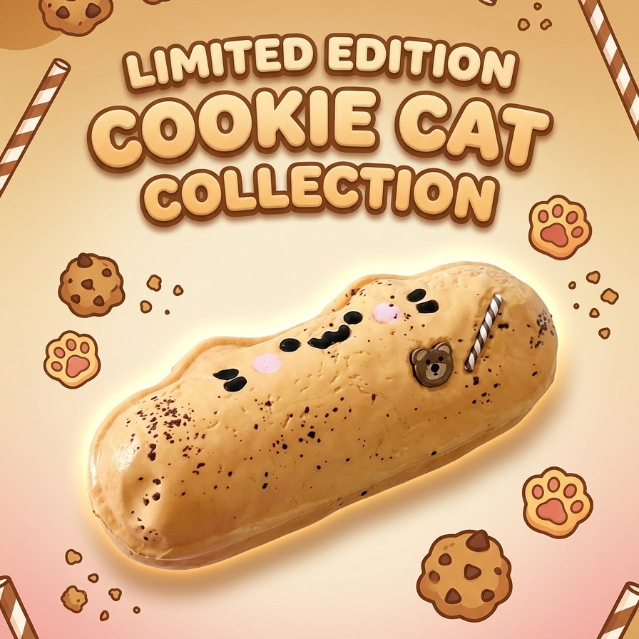A promotional graphic for a limited edition cookie cat collection, featuring a decorated chocolate chip cookie shaped like a cat on a warm gradient background with the text 'LIMITED EDITION COOKIE CAT COLLECTION' and scattered cookie and paw print illustrations.