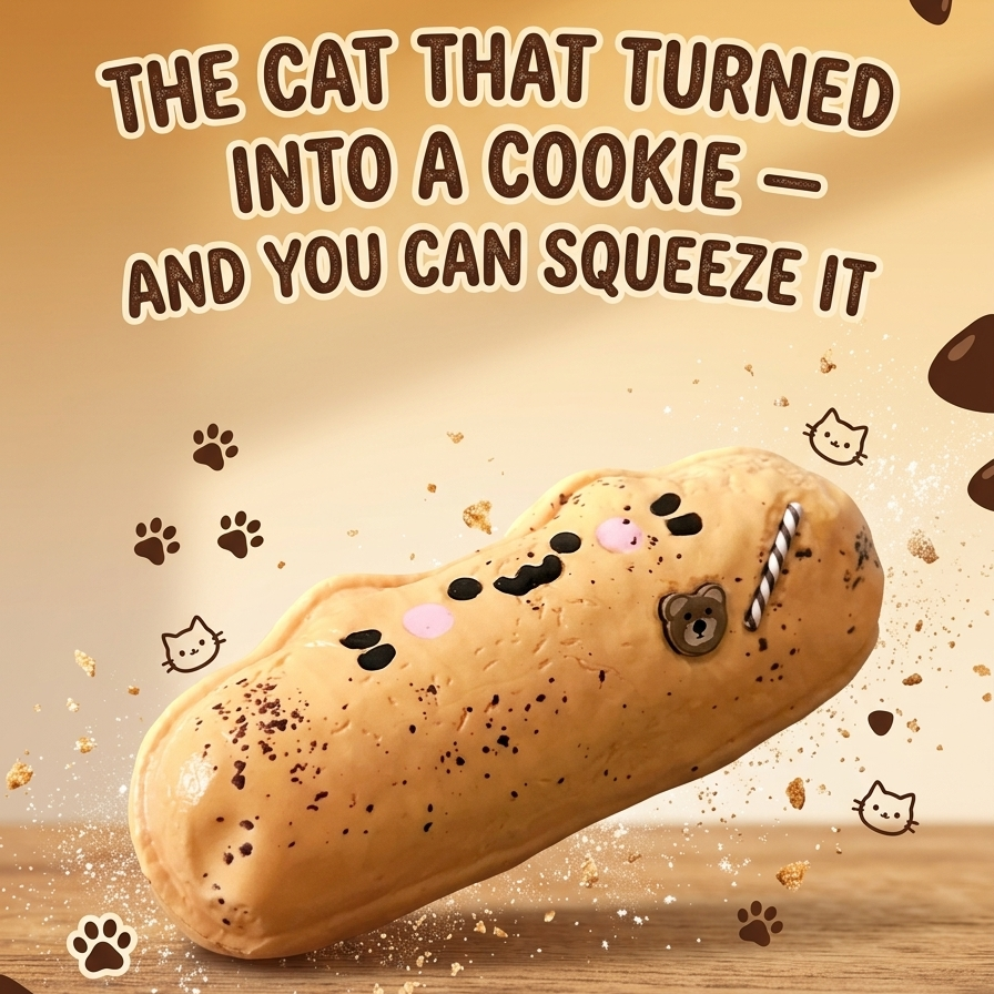 A novelty cat-shaped cookie or biscuit with a smiling face and a striped straw decoration, floating over a wooden surface with decorative paw prints and the text 'THE CAT THAT TURNED INTO A COOKIE — AND YOU CAN SQUEEZE IT.' Small text at the bottom reads 'Available at: Kawaii Bakery Cafe.